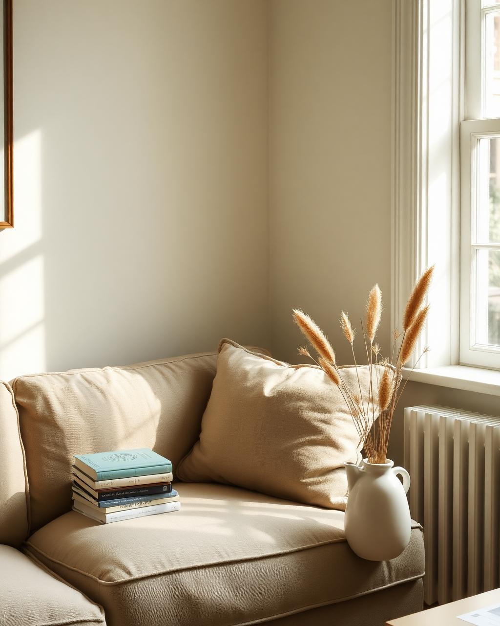 Sunlit living room in a UK Airbnb co-hosted by Michelle Norton, with sofa and dried grasses